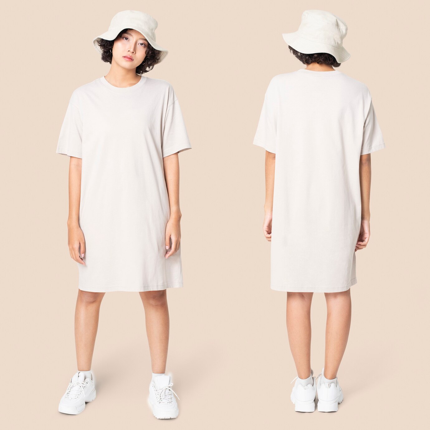 White t-shirt dress and bucket hat casual wear apparel